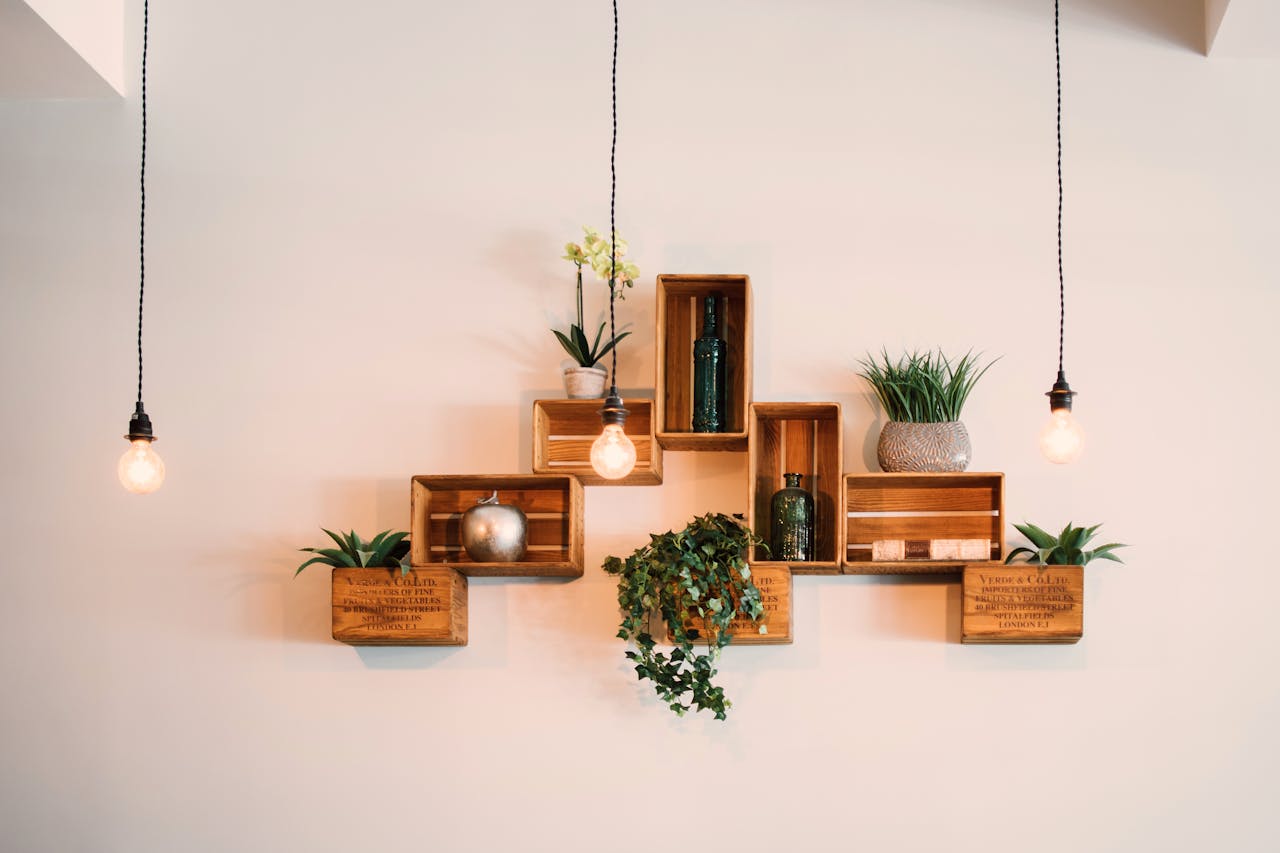 hero-img Contemporary wooden shelves with plants and decor, illuminated by hanging lights.